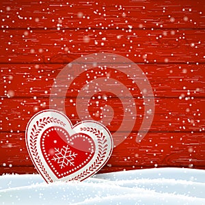 Christmas motive in scandinavian style, red and white decorated heart in front of wooden wall, illustration