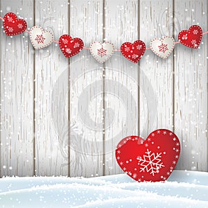 Christmas motive in scandinavian style, red and white decorated hearts in front of bright wooden wall, illustration
