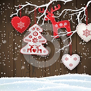 Christmas motive, various red and white decorations hanging on dry branch in front of brown wooden wall, illustration