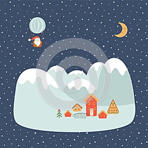 Christmas mountains. Christmas alpes. Winter landscape at night. Village on hill. Winter scene concept. Vector.