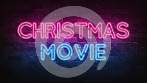 Christmas movie neon sign. purple and blue glow Night lighting. 3d illustration. Holiday background. Greeting card for