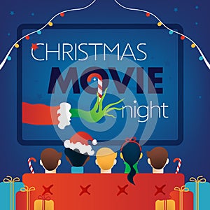 Christmas Movie Night square Cover, Kids TV party on blue background.