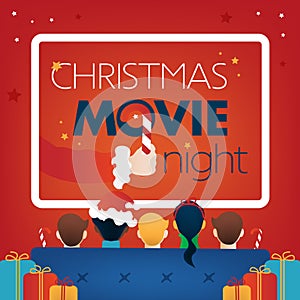 Christmas Movie Night square Cover, Kids TV party. Children, Gifts, sofa, screen on red background. Vector Illustration, web site
