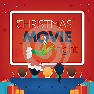 Christmas Movie Night square red Cover, Kids TV party.