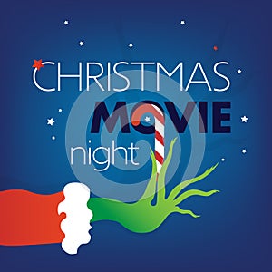 Christmas Movie Night text, Grinch green hand on blue square background. Vector Illustration, web site Cover, flyer, invitation