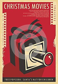 Christmas movies festival retro poster design with Christmas gift, film strips  and movie camera