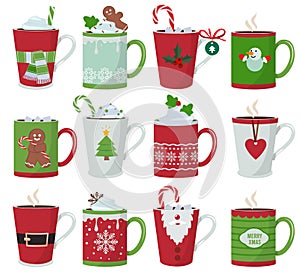 Christmas mug. Holiday decoration at vessel for hot drinks coffee latte or tea cup vector cartoon illustrations