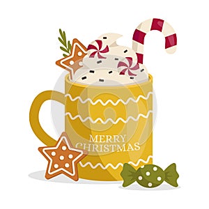 Christmas mug with hot drink. Whipped cream, chocolate chips, gingerbread cookies, candy, lollipop. Inscription Merry Christmas.