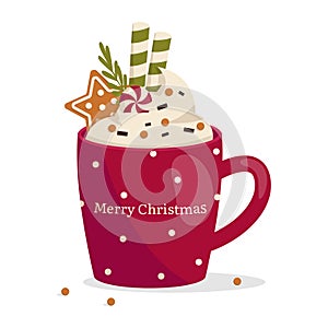 Christmas mug with hot drink. Whipped cream, chocolate chips, gingerbread cookies, wafer rolls, candy.