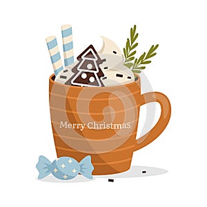 Christmas mug with hot drink. Whipped cream, chocolate chips, gingerbread cookies, wafer rolls, candy.