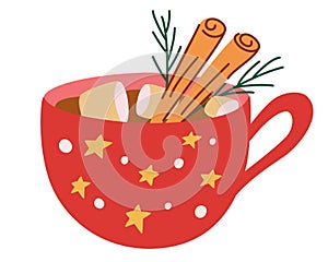 Christmas mug with a warm drink and marshmallow. Hot chocolate, coffee, cocoa with marshmallows and cinnamon sticks. Winter