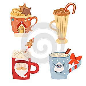 Christmas mugs set. Mugs of cacao with whipped cream, marshmallow, candy cane, cinnamon. Winter hot drinks.