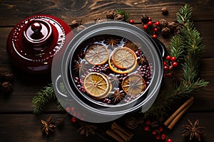 Christmas mulled red wine with aromatic spices and citrus fruits on a wooden rustic table, close-up. Traditional hot drink at