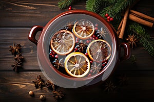 Christmas mulled red wine with aromatic spices and citrus fruits on a wooden rustic table, close-up. Traditional hot drink at