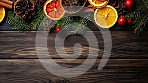 Christmas mulled red wine with spices and fruits on a wooden rustic table. Winter traditional hot drink. AI Generative.