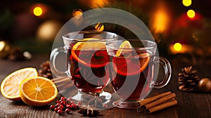 Christmas mulled red wine with spices and fruits on a wooden rustic table. Winter traditional hot drink. AI Generative.