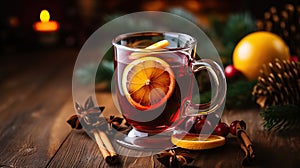 Christmas mulled red wine with spices and fruits on a wooden rustic table. Winter traditional hot drink. AI Generative.