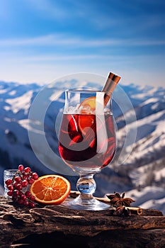 Christmas mulled red wine with spices and oranges on a wooden rustic table. Traditional hot drink at Christmas