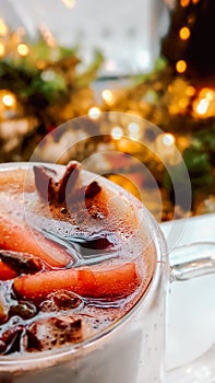 Christmas mulled wine on blurred background of bright lights. Traditional New Year's hot drink made from red wine