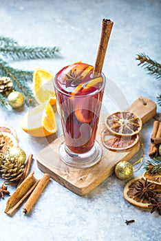 Christmas mulled wine delicious holiday like parties with orange cinnamon star anise spices. Traditional hot drink or beverage,