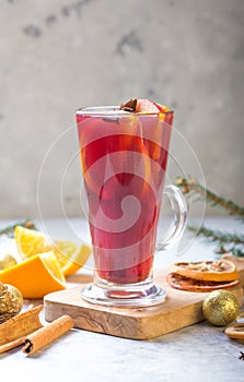 Christmas mulled wine delicious holiday like parties with orange cinnamon star anise spices. Traditional hot drink or beverage,