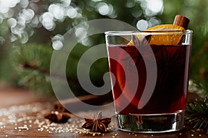 Christmas mulled wine or gluhwein with spices and orange slices on rustic table, traditional drink on winter holiday, magic light