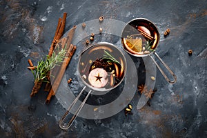 Christmas mulled wine with spices. Traditional winter festive drink at holiday, top view