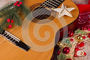 Christmas music background with guitar and holiday decor