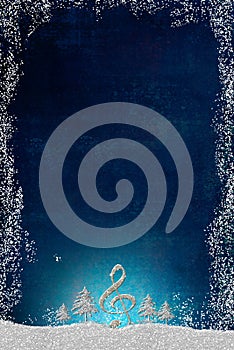 Christmas musical card, treble clef and silver trees.Vertical image