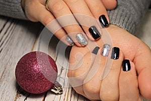 Christmas Nail art manicure. Winter Holiday style bright Manicure