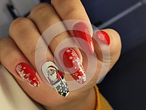 Christmas Nail art manicure. Winter Holiday style bright Manicure