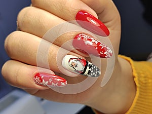 Christmas Nail art manicure. Winter Holiday style bright Manicure