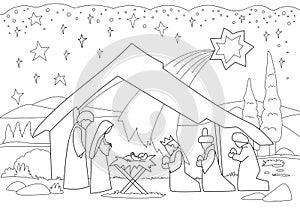 A Christmas nativity coloring scene cartoon, with baby Jesus, Mary and Joseph