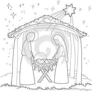 A Christmas nativity coloring scene cartoon, with baby Jesus, Mary and Joseph in the manger and guiding star above