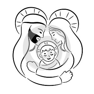 Mary and Joseph hugging baby Jesus vector illustration