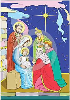 Christmas nativity religious Bethlehem crib scene, with Holy family of Mary, Joseph and baby Jesus and three wise men. Holy Family