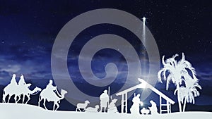 Christmas Nativity Scene with animals and trees on starry sky