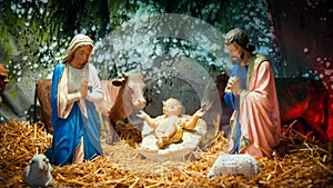 Christmas nativity scene with baby Jesus, Mary & Joseph