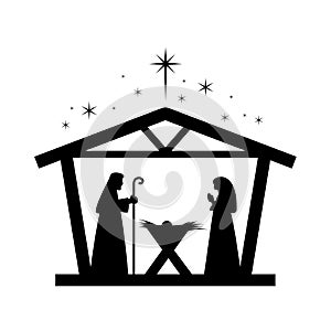 Christmas nativity scene with baby Jesus, Mary and Joseph in the manger.Traditional christian christmas story. Vector illustration
