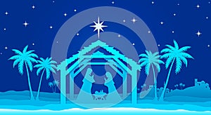 Christmas Nativity Scene on blue background. Greeting card illustration.