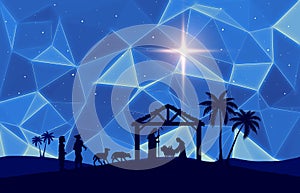 Christmas Nativity Scene on blue low-poly background