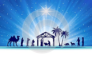 Christmas Nativity Scene on blue starry background