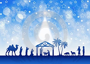 Christmas Nativity Scene on blue starry background