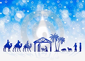 Christmas Nativity Scene on blue starry background. Greeting card background illustration.