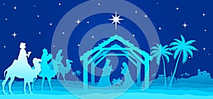 Blue Christmas Nativity scene greeting card background.