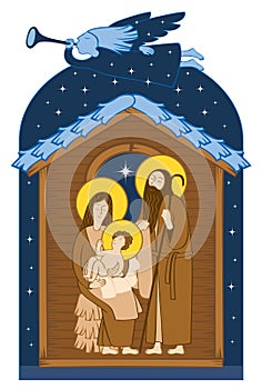 Christmas Nativity scene. Holy Family and angel