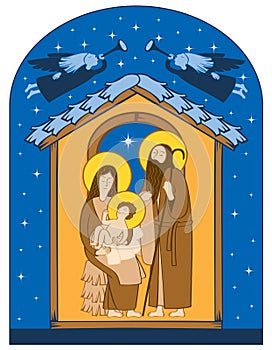 Christmas Nativity scene. Holy Family and angels