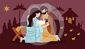 Christmas nativity scene with holy family flat illustration