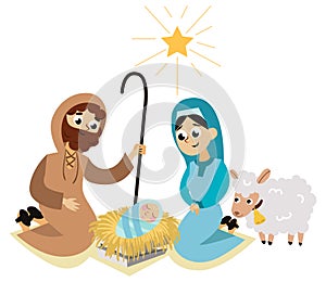 Christmas nativity scene in holy family flat poster