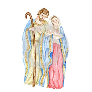 Christmas nativity scene with the Holy Family watercolor illustration, Madonna, child Jesus, Saint Joseph. Saint Virgin